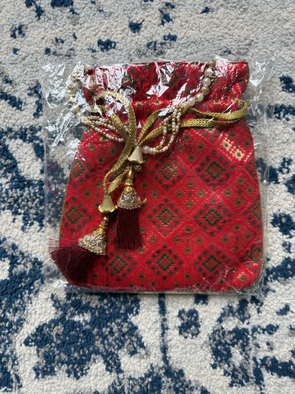 Traditional Red Drawstring Potli Bag with Gold Tassels - Bought in India